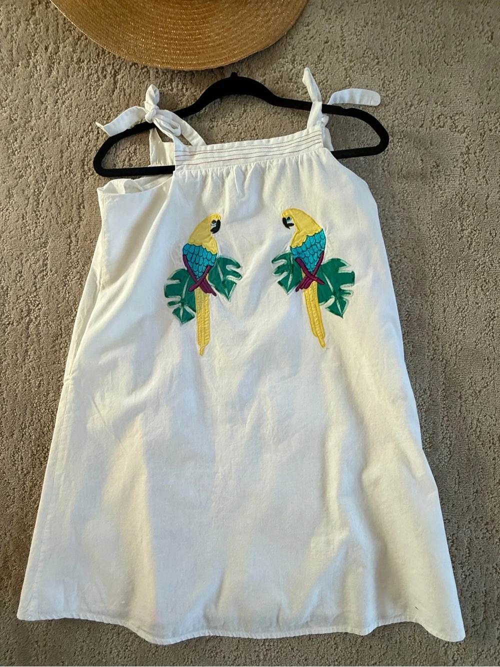 Girls 14 White Cotton Parrot Applique Tie Shoulder Sundress